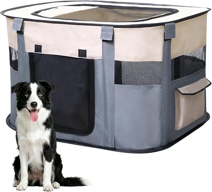 Dog Playpen,Pet Playpen,Foldable Puppy Cat Playpen, Dog Playpen for Indoor Dogs Enclosed, Outdoor Travel Camping Use, Dog Kennel Tent Crate for Rabbit Small Animals with Carrying Case (Grey, L)