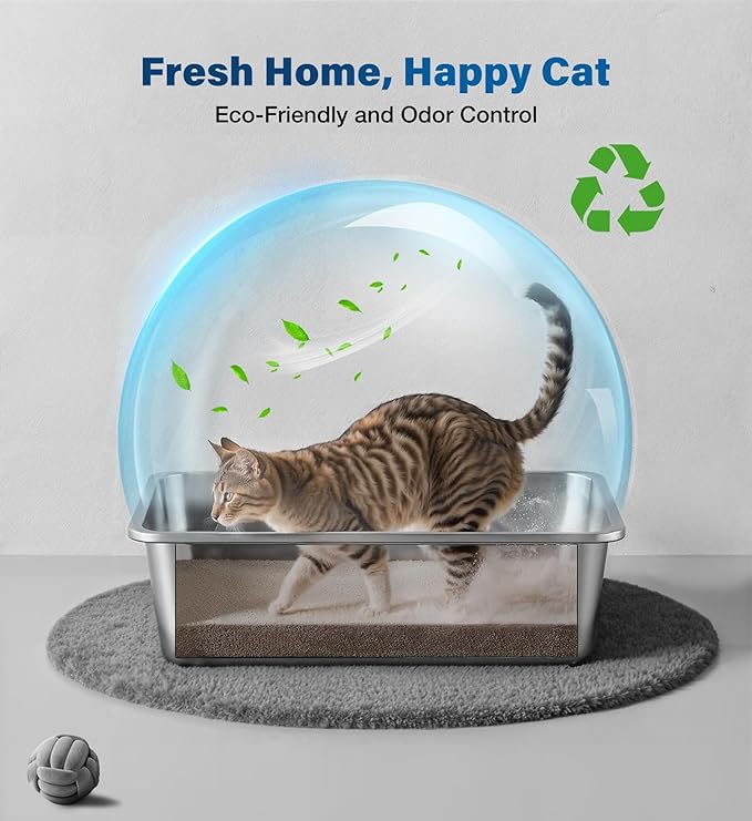 Stainless Steel Litter Box, Large Cat Litter Box with High Sides, Odor-Free, Non-Stick, Easy to Clean, 19.5"×13.6"×7.8", Ideal for Medium to Large Cats, Litter Tray