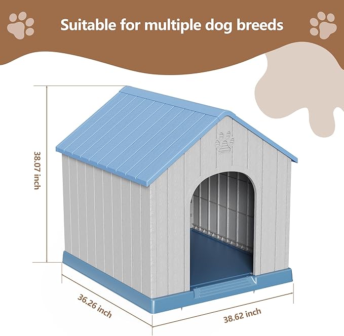 DRATO Large Dog House Indoor Outdoor Waterproof,Puppy Shelter with Air Vents and Elevated Floor,Sturdy Dog Kennel for Small to Large Sized Dogs, Easy to Assemble (Blue, 38.62×36.26×38.07 Inches)