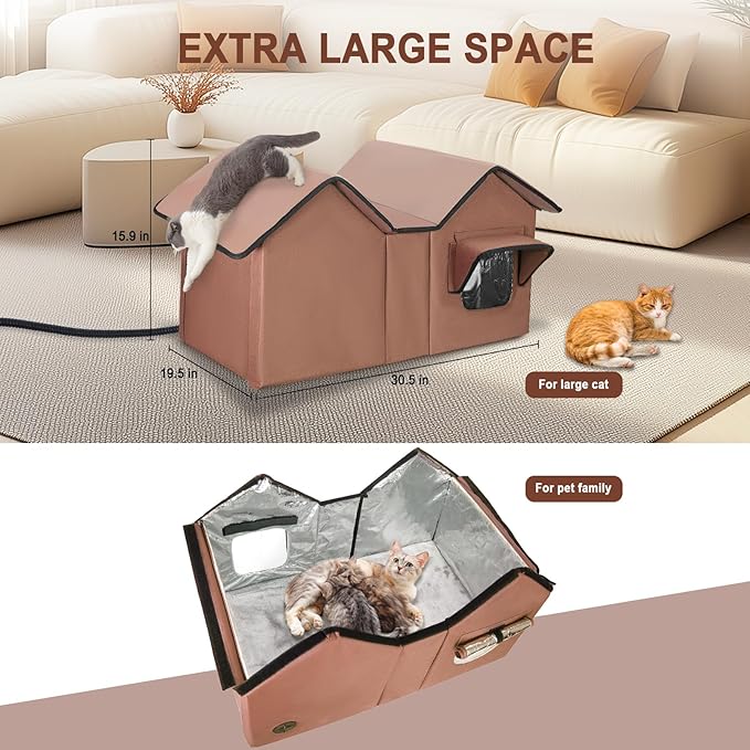 Extra Large Heated Outdoor Cat House Weatherproof, Insulated Outdoor Heated Cat House for Outside with Heater, Elevated Outdoor Feral Cat Shelter for Multiple Cats Small Dogs (Brown, XL)
