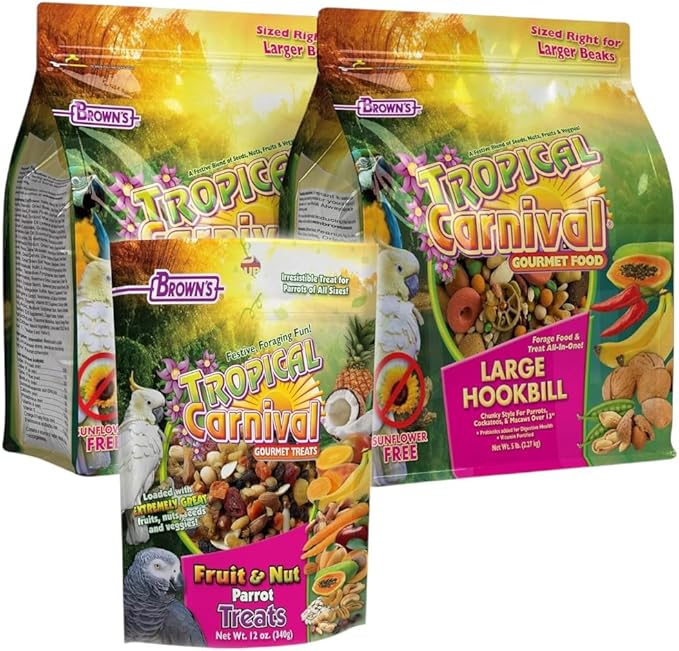 Tropical Carnival Brown’s Gourmet Large Hookbill Food & Fruit & Nut Parrot Treat Bundle – Vitamin-Fortified Daily Diet & Reward Mix for Parrots, Cockatoos & Large Hookbills Over 13in Tall – 10 lb + 1