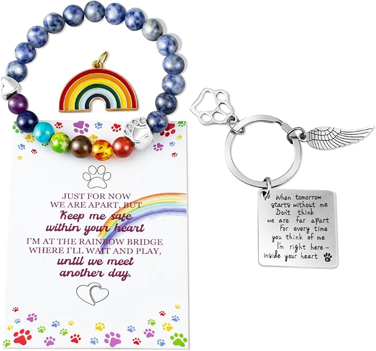 Pet Memorial Gifts, Pet Sympathy Gift, Rainbow Bridge Bracelet for Beloved Dog Cat,8MM Mixed Color Bead 7 Chakra Pet Memorial Bracelet for Women Men Who Loss of Pets, Pet Sympathy Gift