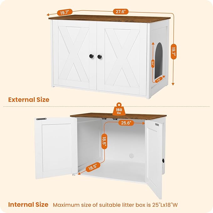 Dwanton Litter Box Enclosure, Cat Litter Box Furniture Hidden, Reversible Entrance Can Be on Left or Right Side, Wooden Cat Washroom Indoor, White and Warm Brown, 27.6 Inches