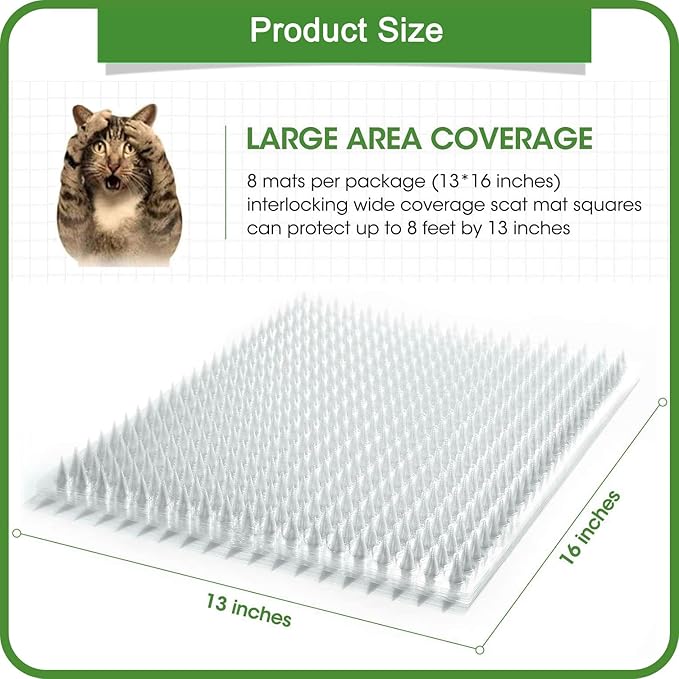 8 Pack Scat Mat for Cats - 16 x 13 Inch Cat Spike Mat with 1 Inch Spike, Cat Repellent Indoor & Outdoor Mat to Deter Cats & Other Animals, Humane Deterrent Indoor Fence