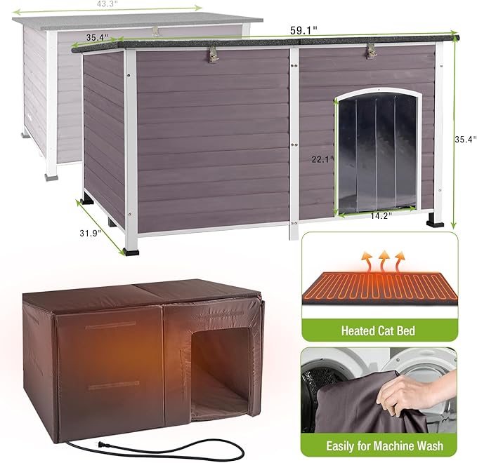 GUTINNEEN 59" Extra Large Heated Outdoor Dog House for Large Dogs Insulated, Thermostat-Controlled Heating with Full 6-Sided Insulation, Metal Frame, Spacious, Cozy, and Safe Winter Shelter (Grey)