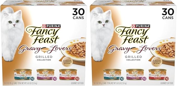 Fancy Feast Purina Gravy Lovers Poultry and Beef Grilled Gourmet Wet Cat Food Variety Pack - 3 oz. Cans,(Pack of 60)