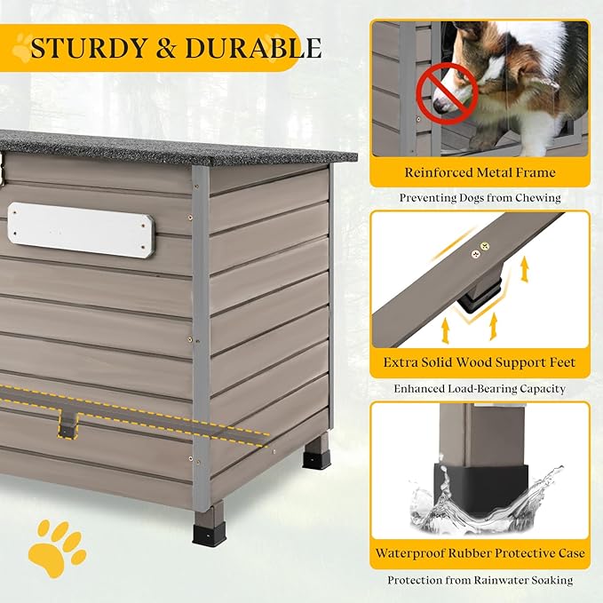 Dog House Outdoor,Chew-Proof Iron Frame Dog Kennel Weatherproof Natural Fir Wood Dog Houses with Removable Floors,Easy Assembly (34" L X 22" W X 25" H)