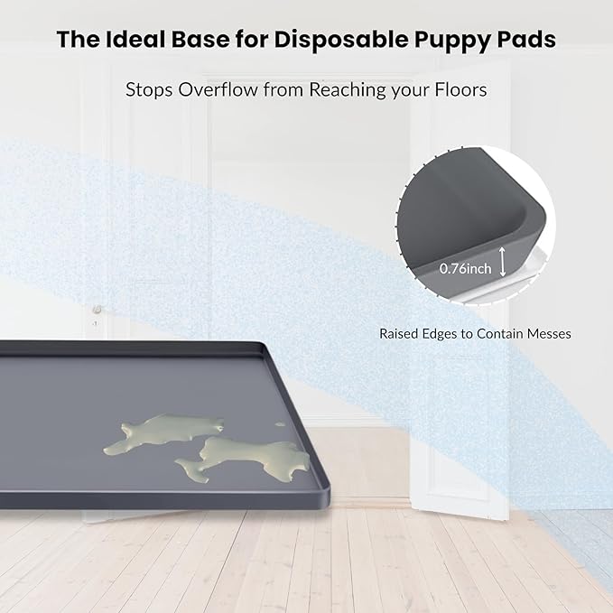 Pee Pad Holder for Dogs 27" x 27", Non-Slip Silicone Large Puppy Potty Tray Training Pads, Flat Surface for Easy-Clean, Floor Protective with Raised Edge, Dark Gray