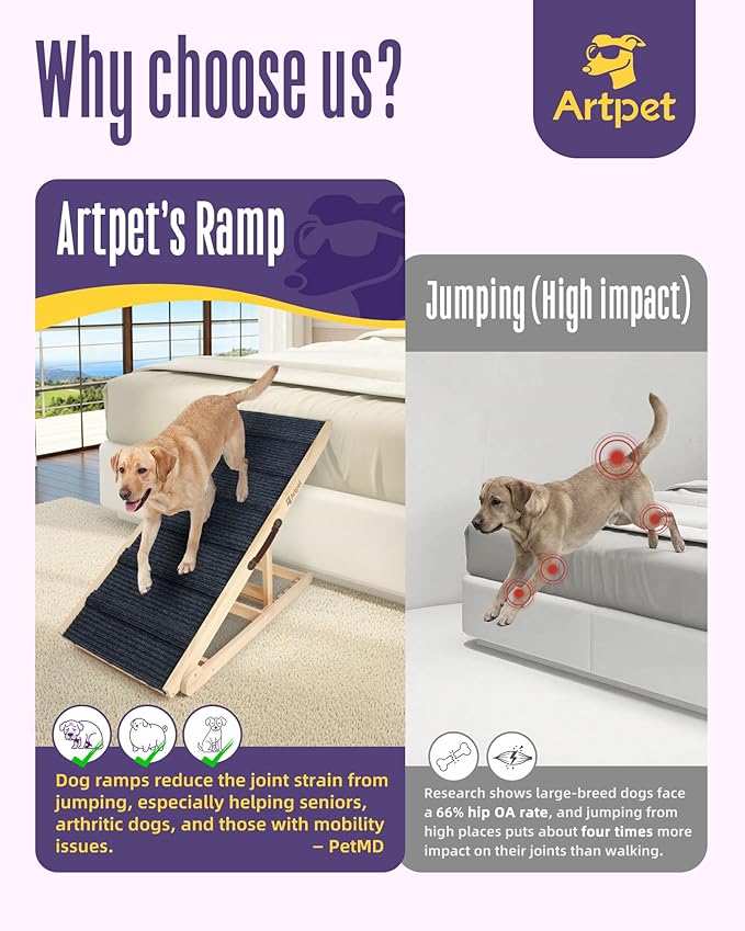 Wide Dog Ramp for Bed Couch Folding Dog Ramps for Large Dogs Up to 200 lbs, 43.3" Long Pet Ramp Adjustable Height Up to 24”