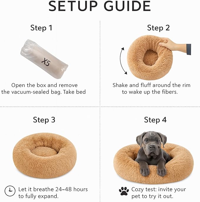 Calming Dog Bed - Fluffy Donut Cuddler for Anxiety Relief, Orthopedic Pet Bed with Non-Slip Bottom, Cozy Round Faux Fur Nest for Dogs and Cats, Plush Crate Mat for Comfort (Camel, X-Large)