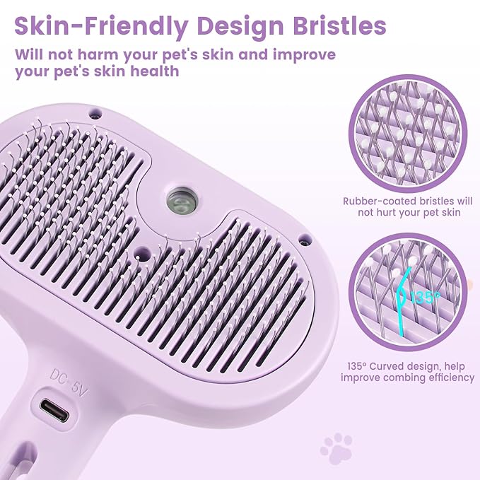 3 in 1 Cat Steam Brush, Pet Spray Hair Removal Comb for Shedding & Grooming, Water Brush for Cats Dogs Small Animals Long Short Haired with One-Click Release Button(Purple)