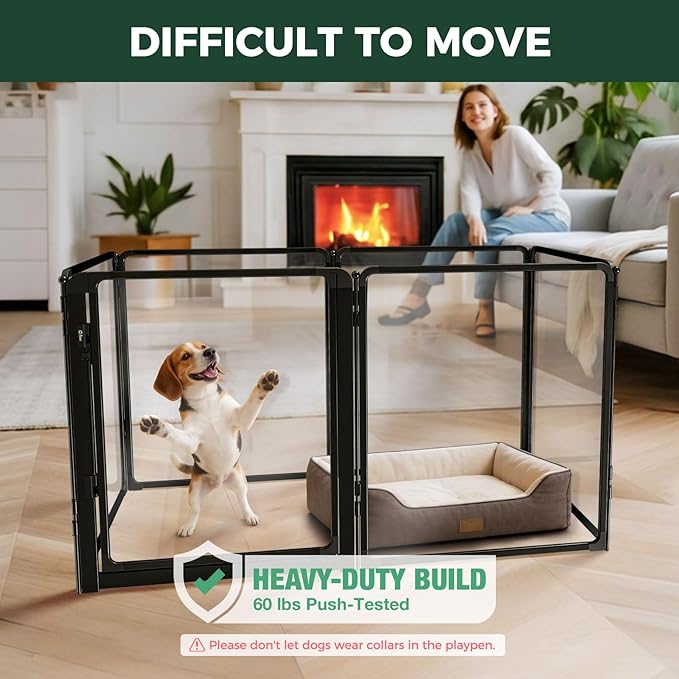 FXW AuraSpace Pro Metal & Acrylic Indoor Dog Playpen, All-Acrylic Clear Heavy-Duty Design, 32" Height 6 Panels for Small and Medium Dogs, Black│Patented