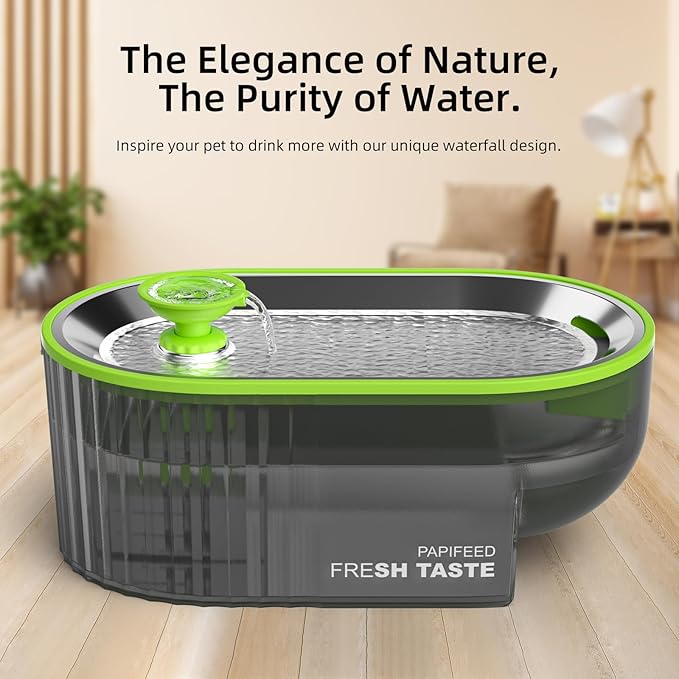Cat Water Fountain Stainless Steel with a Silicone Mat, 84oz/2.5L Automatic Cat Water Fountain with Water Level Window and LED Light, Quiet Low Power Cat Water Bowl & Cat Water Dispenser (Green)