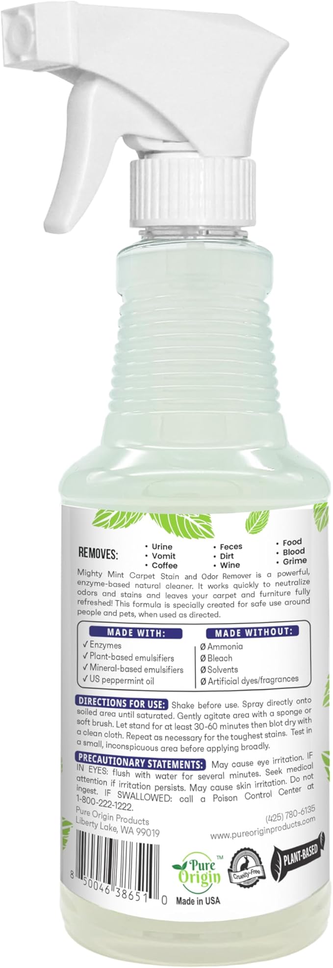 Mighty Mint Stain & Odor Remover, Natural Enzyme Spray Safely Neutralizes Odor and Stains from Dogs, Cats on Carpet, Furniture, Natural Peppermint Scent, 16oz