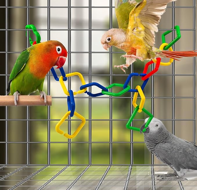 40Pcs Plastic Chain Links Toy, Random Shape & Color Link, Sugar Glider Cage Accessories & Bird Toys with Hooks for Climbing Swing, Multi-Color Multi-Shape