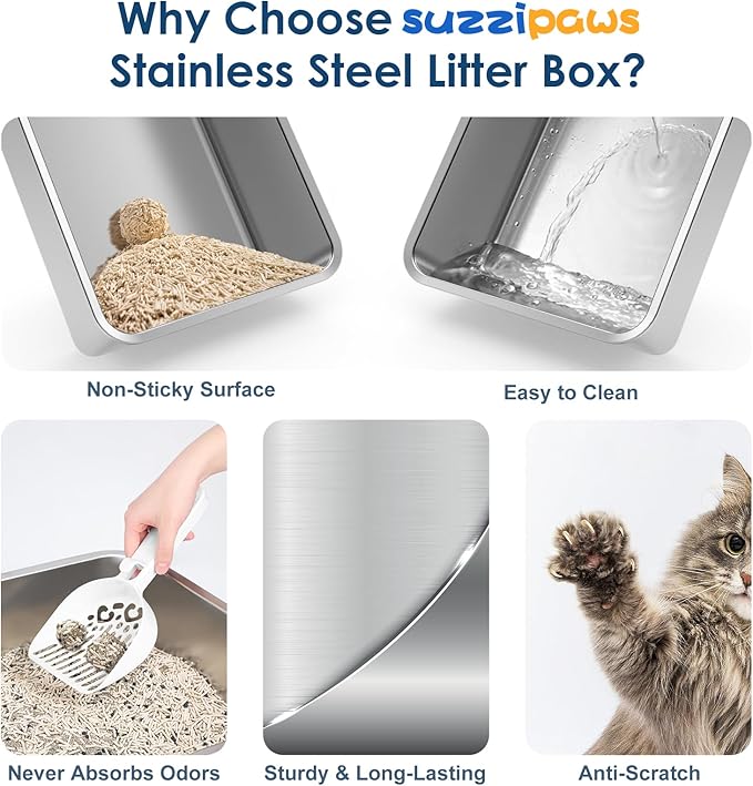 2 Pack XL Stainless Steel Litter Box Enclosure with Lid, Stainless Steel Cat Litter Pan for Big Cats, Large Metal Litter Box with Anti-Leakage High Wall, Non-Sticky Easy Cleaning Cat Litter Tray