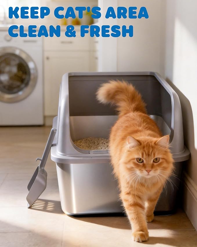 Stainless Steel Cat Litter Box, Metal Litter Box with Scoop, High- Sided, Anti-Leakage Top Entry, Non-Sticky, Easy to Clean, Grey, XL (2 Pack)