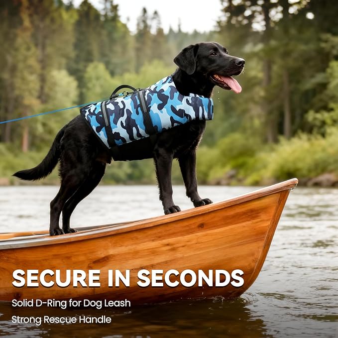 VIVAGLORY Rip Stop Dog Life Vest, Swimming Vest with Handle, Buoyancy for Doggy Puppy, Dog Life Jacket for Swimming & Boating, XS, Camo Blue