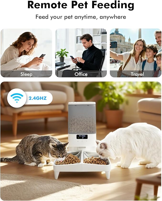 Automatic Cat Feeder for 2 Cats, 2.4G WiFi Timed Cat Feeder with APP Control, 20Cups/5L Automatic Food Dispenser, Dual Stainless Steel Bowls, 1-10 Meals/Day, Dual Power & Detachable for Easy Clean