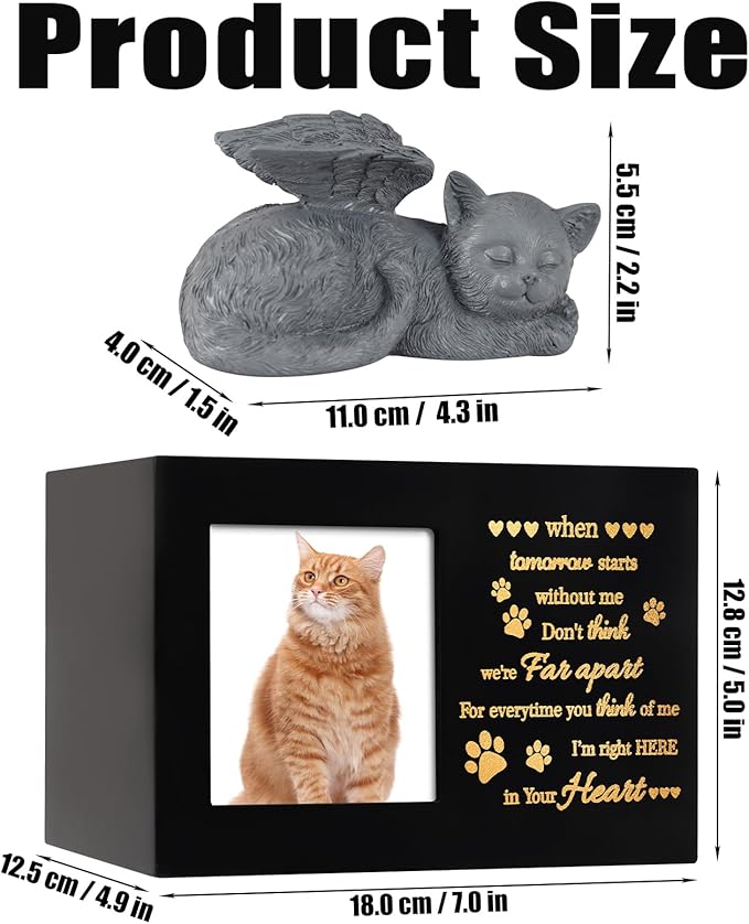 Pet Urns for Ashes, Black Wooden Cat Urns for Ashes with Cat Angel, Cat Memorial Keepsake Memory Box with Photo Frame, Loss Pet Sympathy Remembrance Gift (Medium - Memory)