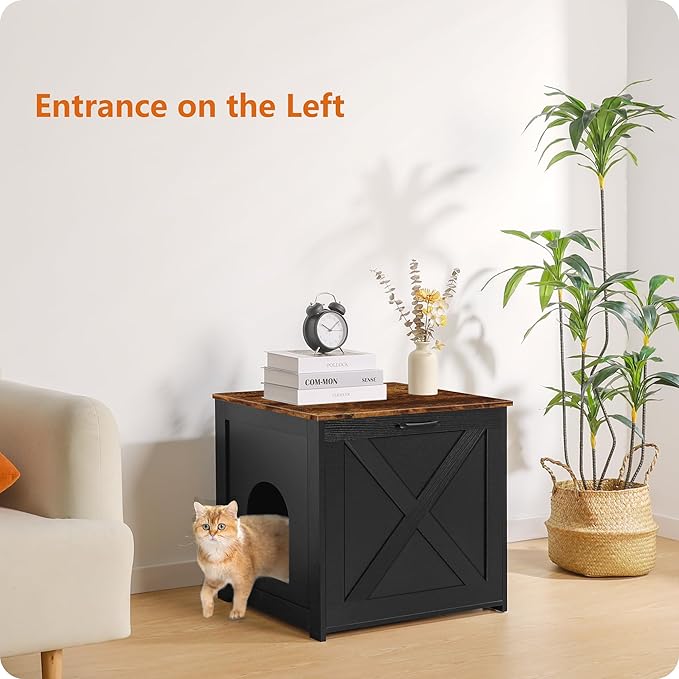 Dwanton Cat Litter Box Furniture Hidden, Cat Litter Box Enclosure, Reversible Entrance Can Be on Left or Right Side, Indoor Cabinet, Wooden Washroom, Nightstand, Black and Rustic Brown, 23.6" L
