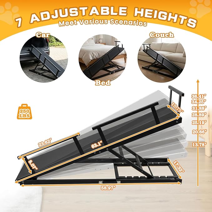 7 Adjustable Dog Ramp for Bed, Couch - 63" Foldable Birchwood Dog Ramp with Safety Rails, Non-Slip EVA Surface & DIY Glow in The Dark Strips, Wooden Pet Ramp for Large Dogs Supports 250Lbs