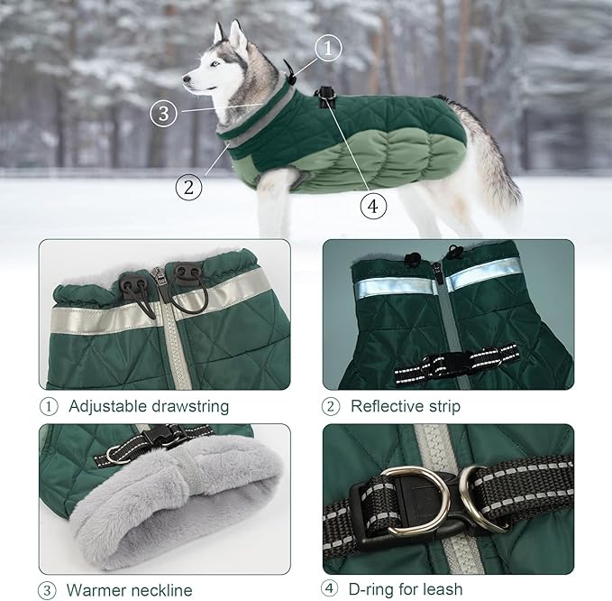 Lelepet Warm Dog Winter Coat Dog Coats for Large Dogs Waterproof Dogs Jacket with Harness Built in Reflective Cold Weather Coats Windproof Zip-Up Winter Fleece Vest Snowsuit Pitbull Teal Green XXL