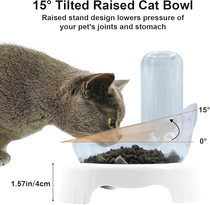 Triple Dog 3-in-1 Tilt Cat Bowls - Double Food Bowls with Automatic Water Bottle, Removable Wet & Dry Food Bowl Set for Small Cats & Puppies (White)
