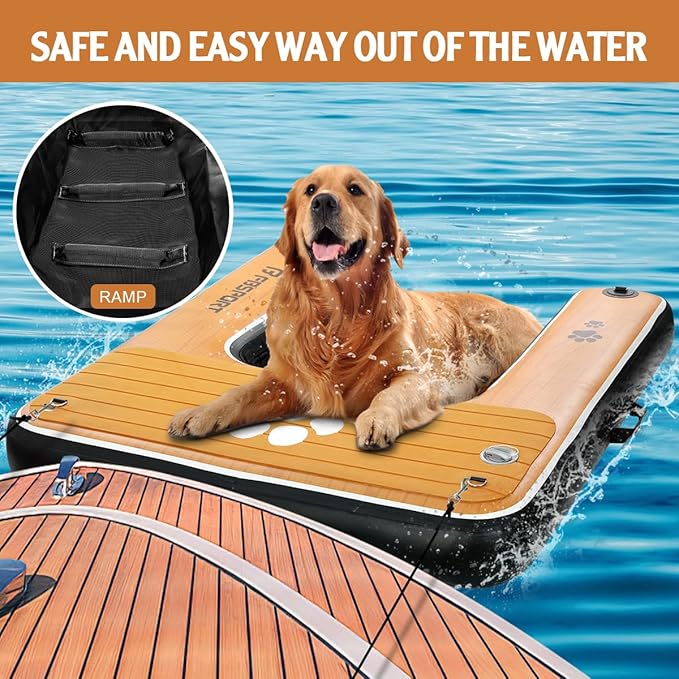 FBSPORT Inflatable Dog Boat Ramp Floating Dock Water Ladder for Pool, Boat, Non-Slip EVA Floating Ladder Pool Ramp for Dog Up to 220 LBs, Safe & Easy Access