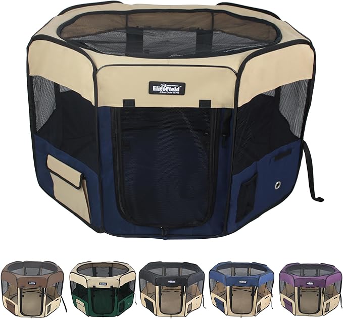 EliteField 2-Door Soft Pet Playpen (2 Year Warranty), Exercise Pen, Multiple Sizes and Colors Available for Dogs, Cats and Other Pets (48" x 48" x 32"H, Beige+Navy Blue)