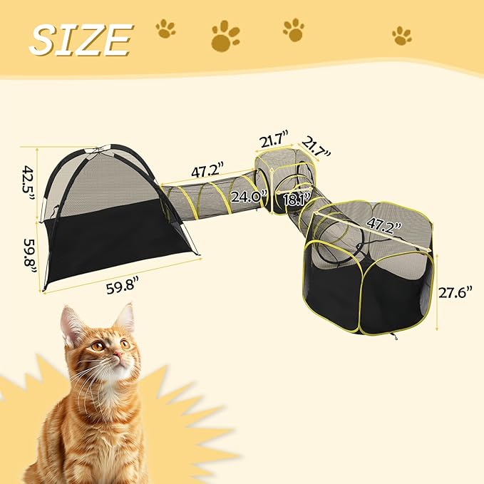VINGLI Cat Tunnel, Outdoor Cat Enclosure, Large Catio, Outdoor Tunnels for Kittens with Storage Bag (Black&Yellow, 5 in 1)