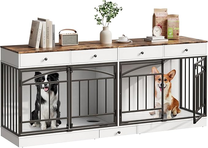 GAOMON Dog Crate Furniture for 2 Dogs, 78.7'' Large Dog Kennel Indoor with 4 Storage Drawers and Feeding Bowls, Double Dog Crate TV Stand for Small and Medium Dogs, White