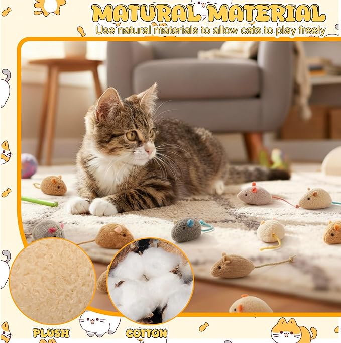 Leitee 50 Pcs Assorted Mice Cat Toys Bulk with 1 Cat Paw Gift Storage Bags Set, Furry Mouse Kitten Toy Mini Mouse for Indoor Cats, Interactive Play Color Varies(51 Pcs,Plush Mice)