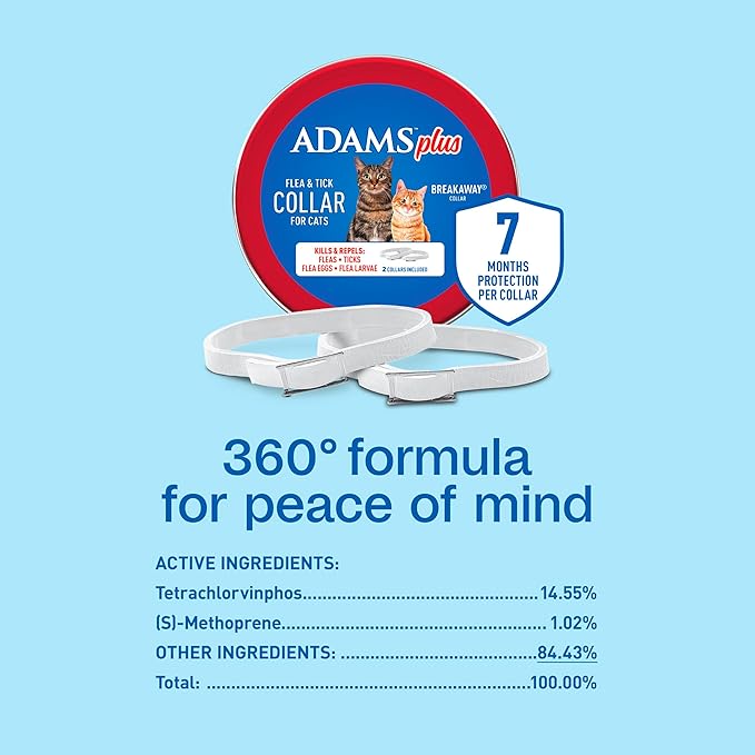 ADAMS Plus Flea & Tick Collar for Cats, Flea Collar for 14-Month Prevention, Adjustable Collar Fits Cats & Kittens, Kills Fleas & Ticks, 2 Count