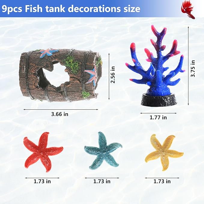 9Pcs Tank Accessories for Beta Fish, Medium & Small Decorations, Goldfish Tank Decor
