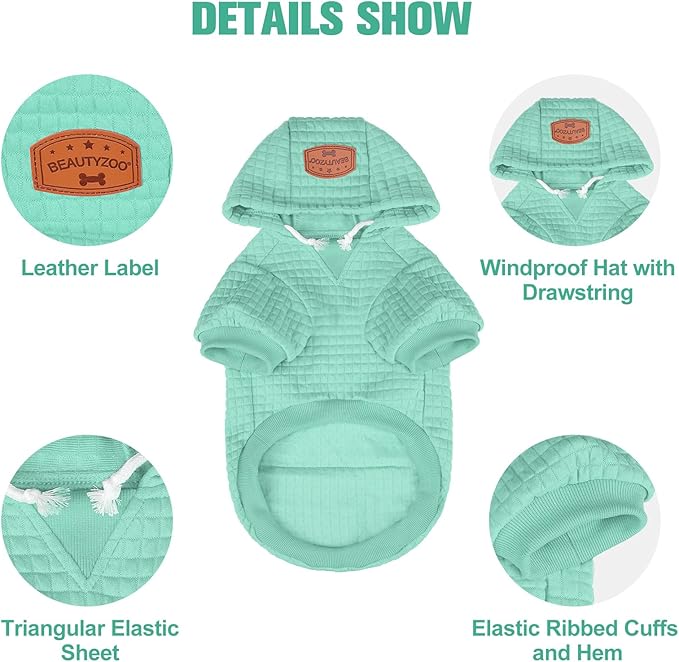 BEAUTYZOO Medium Dog Hoodie Sweater with Pockets, Dog Clothes for Small Medium Dogs Boy Girl, Waffle-Like Laminated Cotton Pet Coats with Hat and Leash Hole, Mint Green XL
