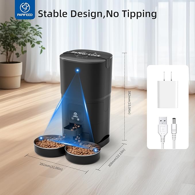 PAPIFEED Automatic Cat Feeder for 2 Cats, 2.4G WiFi Cat Food Dispenser with App Control, 7L Slow Feed Pet Feeder with 2 Stainless Bowls for Cats & Dogs, 12 Portions 10 Meals Daily - Black
