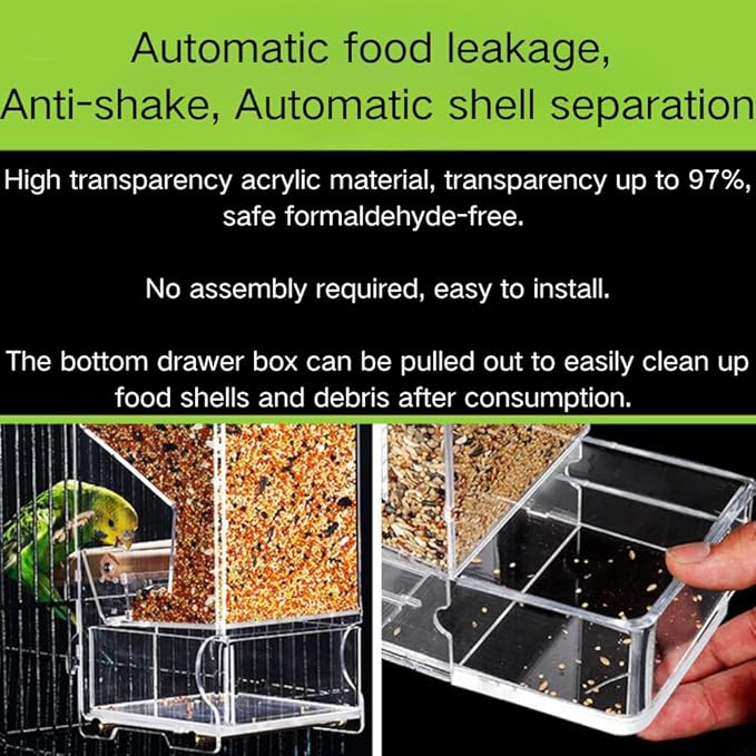 Automatic Bird Feeder, No Mess, Transparent Acrylic, Reducing Waste, Bird Cage Accessories for Parakeet, Canary, Cockatiel, Finch, Conure (Medium)