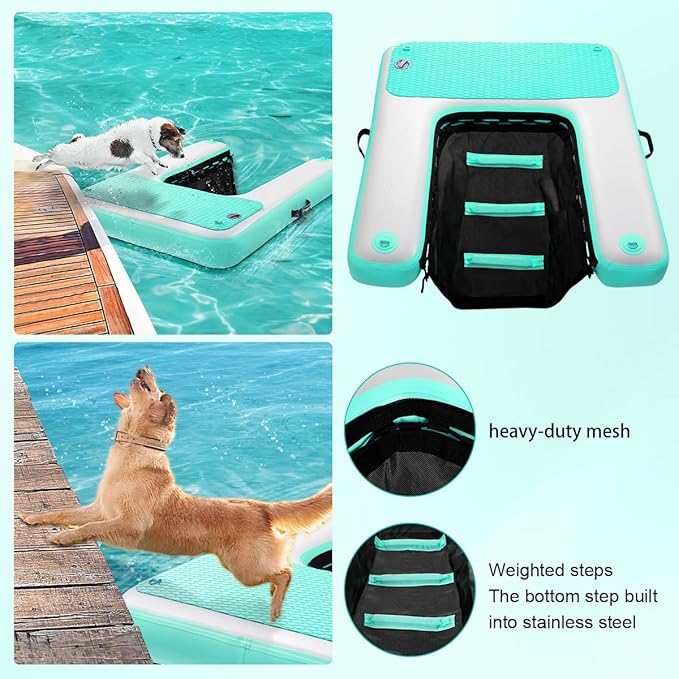 FBSPORT Inflatable Dog Boat Ramp Floating Dock Water Ladder for Pool, Boat, Non-Slip EVA Floating Ladder Pool Ramp for Dog Up to 220 LBs, Safe & Easy Access