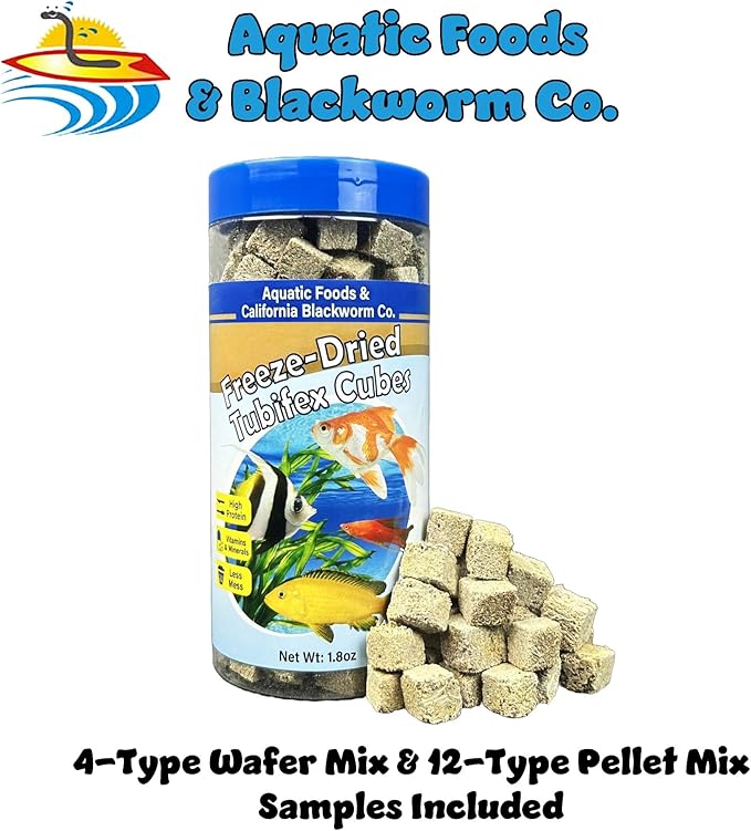 Aquatic Foods Inc. Tubifex Worms, Freeze Dried Tubifex Worm Cubes for Cichlids, Discus, Goldfish, Bettas, Marine Fish, All Tropical Fish, 12-Type Pellet Mix, 4-Type Wafer Mix Included..1.80oz Canister