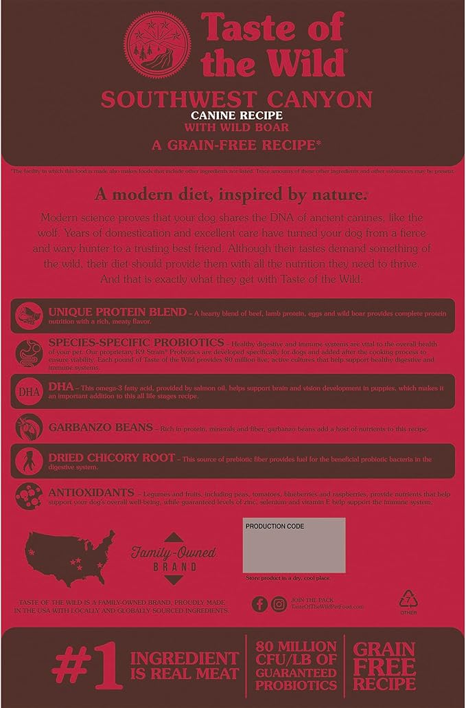 Taste of the Wild Southwest Canyon Grain-Free Recipe with Wild Boar Dry Dog Food, Made with Protein from Real Meat, and Guaranteed Nutrients Like Probiotics, Vitamins and Antioxidants 14lb