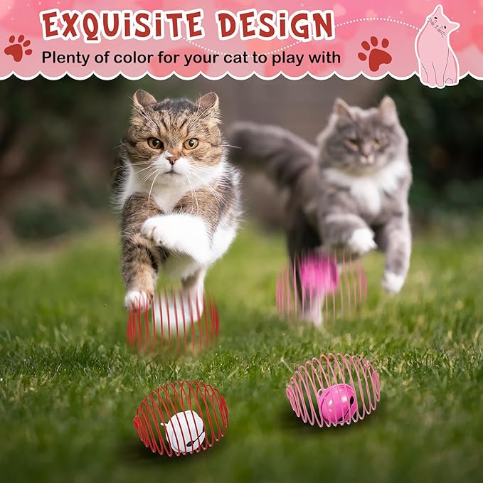 Jecery 5 Pcs Cat Spring Balls Toys Stretchable Rolling Balls Colorful Playful Coils Interactive Action Toy Caged Rats for Kitten Pet Supplies (Bell,Pink Red)