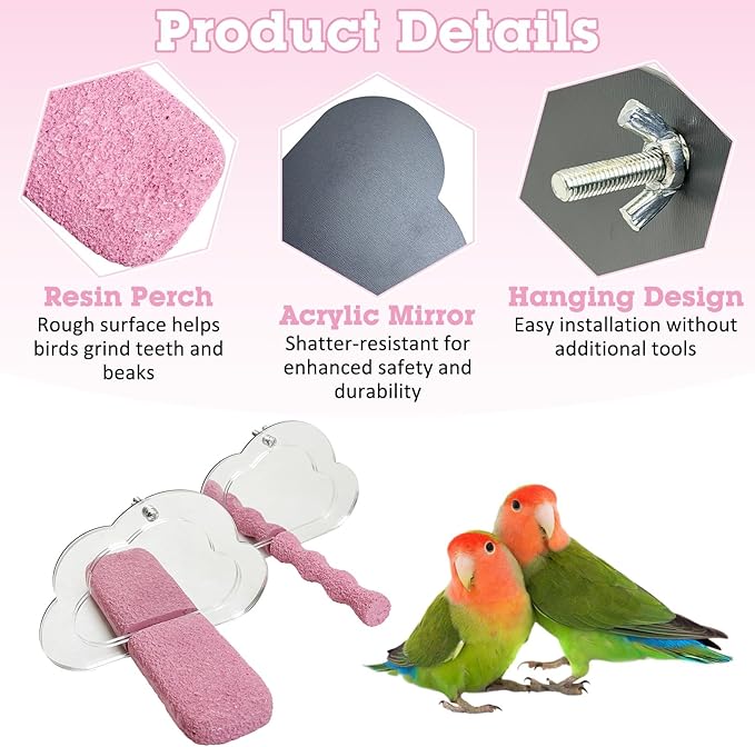 PINVNBY 2 PCS Bird Perch with Mirror Resin Parakeet Perches Hanging Parrot Toys Interactive Bird Cage Accessories for Cockatiel Conure Lovebird Finch (Pink)