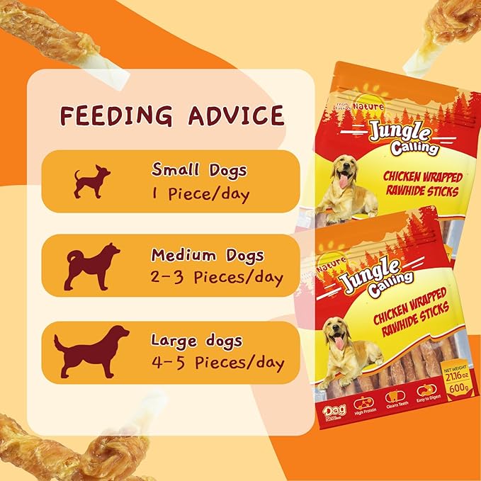 Jungle Calling 52 Count Chicken Wrapped Rawhide Sticks Dog Treats, High-Protein, 5 Inch Digestible Dog Chews for Small & Medium Dogs, Grain Free Training Snacks, 21.2 oz