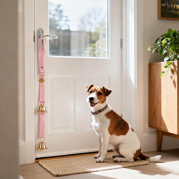 FOLKSMATE Leather Dog Door Bells for Potty Training, Big Brass Puppy Dog Door Bells Extra Loud for Dogs Training, Housebreaking, Door Knob, Dog Bell to Ring to Go Outside Puppy Pet Supplies Pink