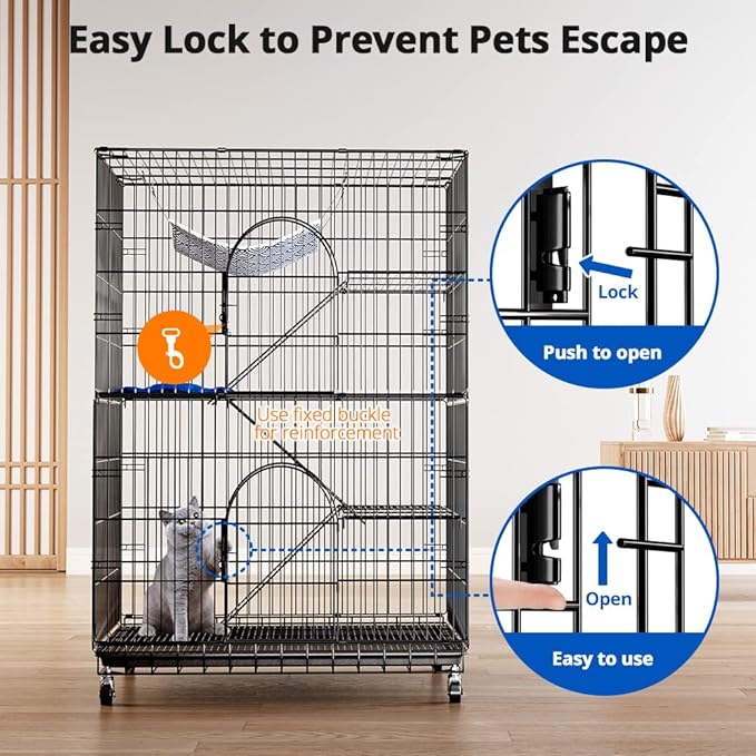 PawGiant 4-Tier Large Cat Cage Playpen, 51-inch Indoor/Outdoor Enclosure with 2 Doors, Hammock, Suitable for Cats, Kittens, and Small Animals