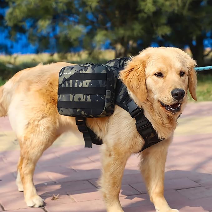 BYGD Outdoors Dog Hiking Backpacks, Hiking Backpack for Large Dogs with Side Pockets, Adjustable Strap, Large Capacity 2 Spacious Side Bags, Breathable Waterproof Fabric (Camo)