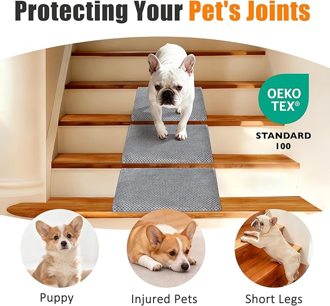 Dog Ramp for Stairs for Small & Senior Dogs and Cats – Non-Slip Stair Wedges for Dogs with Gentle Slope, Pet Ramp with Washable Cover & Self-Sticky Pads for Safe Climbing (Gray, 1 Pack)