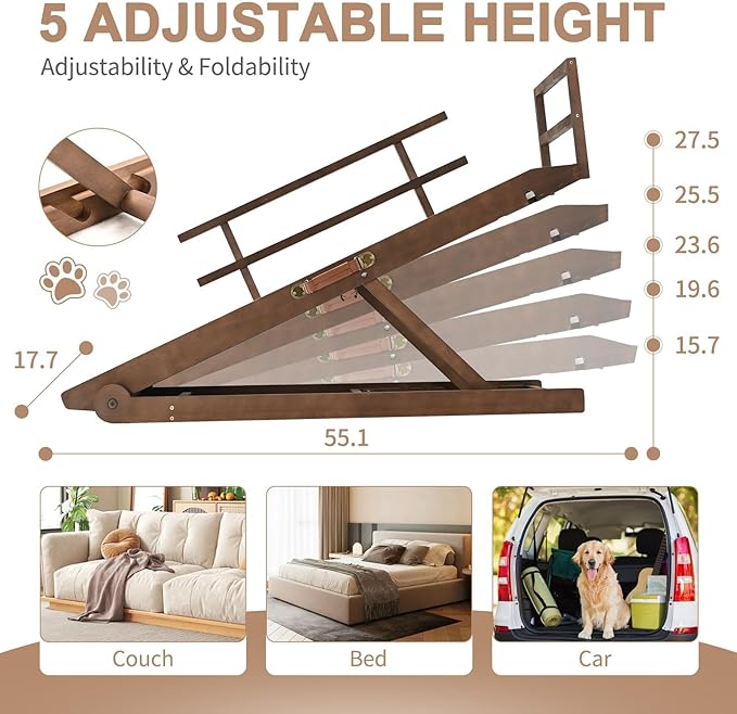 SLSY Dog Ramp for Beds & Couches, Folding Adjustable Pet Ramp with Non-Slip Rubber Mat, 55" Long, 5 Heights (15.7"–27.5"), Wooden Ramp Supports Up to 220 lbs for Dogs & Cats (Brown)