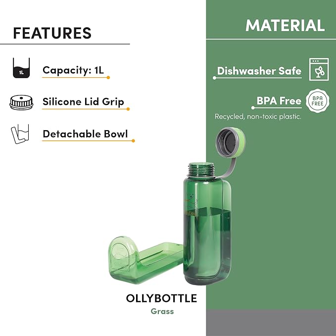 OllyDog OllyBottle | Tritan Dog Water Bottle with Detachable Bowl | BPA Free Leakproof Pet Dispenser | Hiking Travel (1L, Grass)